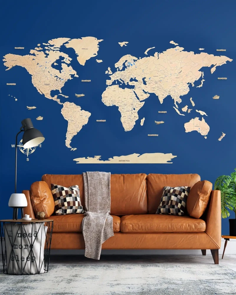 Drewniana mapa Świata Premium naturalny