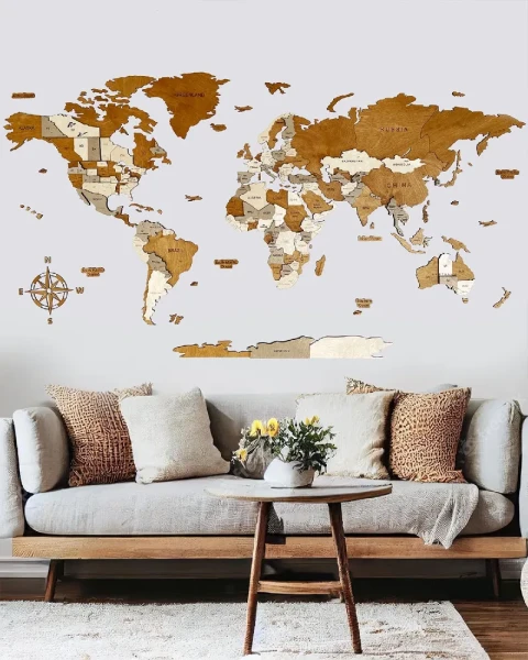 Drewniana mapa Świata 3D kolor Creme