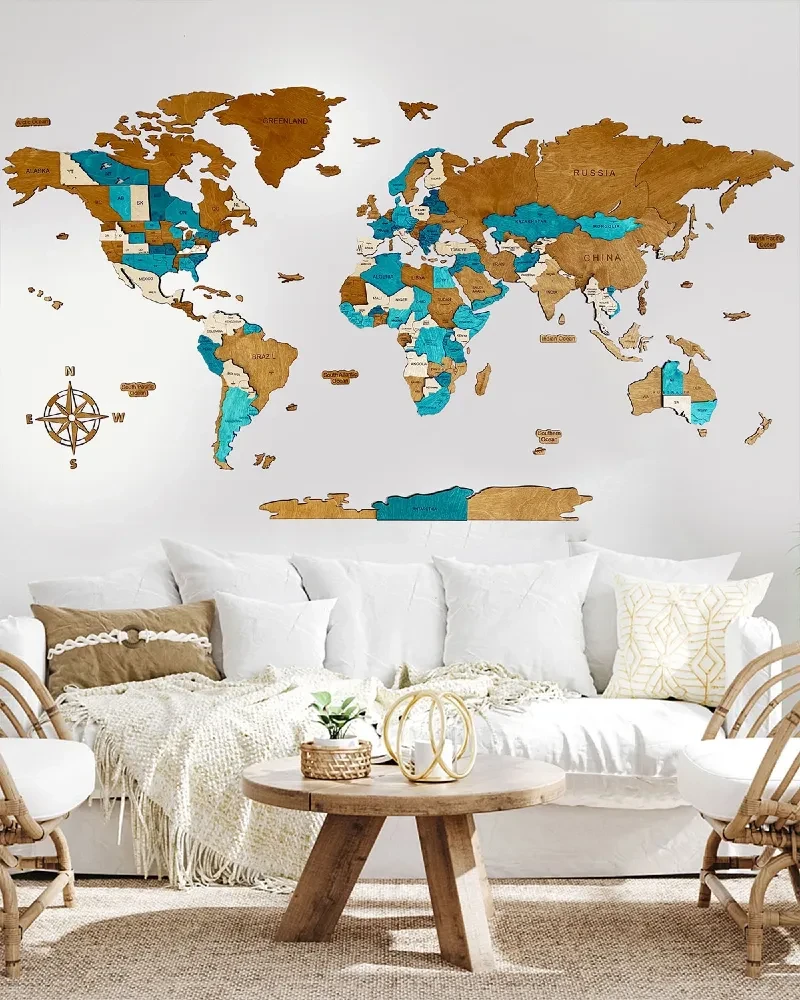 Drewniana mapa Świata 3D kolor Lazur