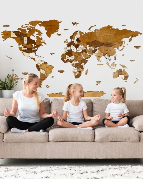 Drewniana mapa Świata 3D kolor Latte