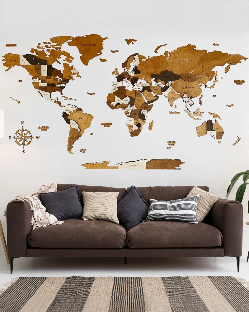 Drewniana mapa Świata 3D kolor Mocha