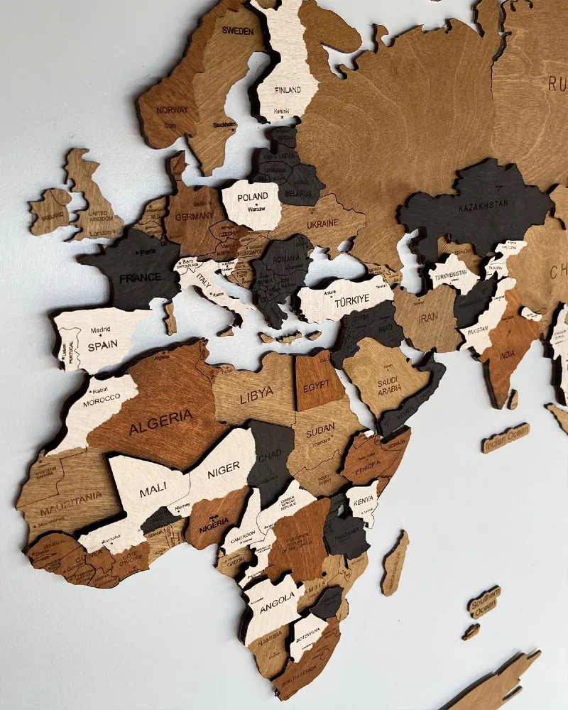 Drewniana mapa Świata 3D kolor Mocha
