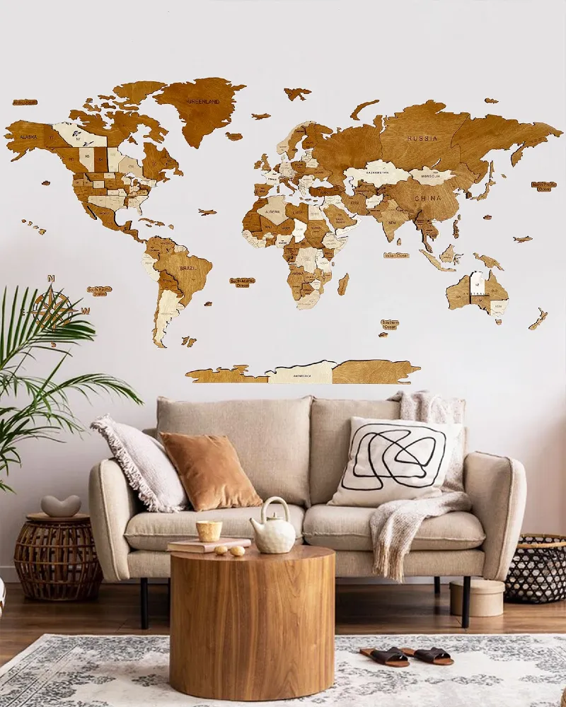 Drewniana mapa Świata 3D kolor Capuccino