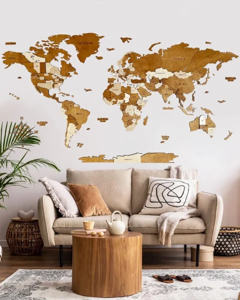 Drewniana mapa Świata 3D kolor Capuccino