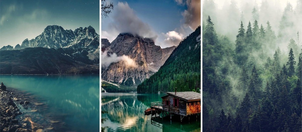 Zestaw plakatów mglisty las i góry