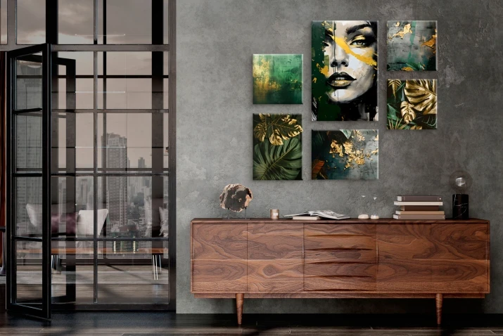 Duży Zestaw Obrazów zielono złoty