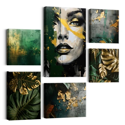 Duży Zestaw Obrazów zielony złoty | obraz kobieta