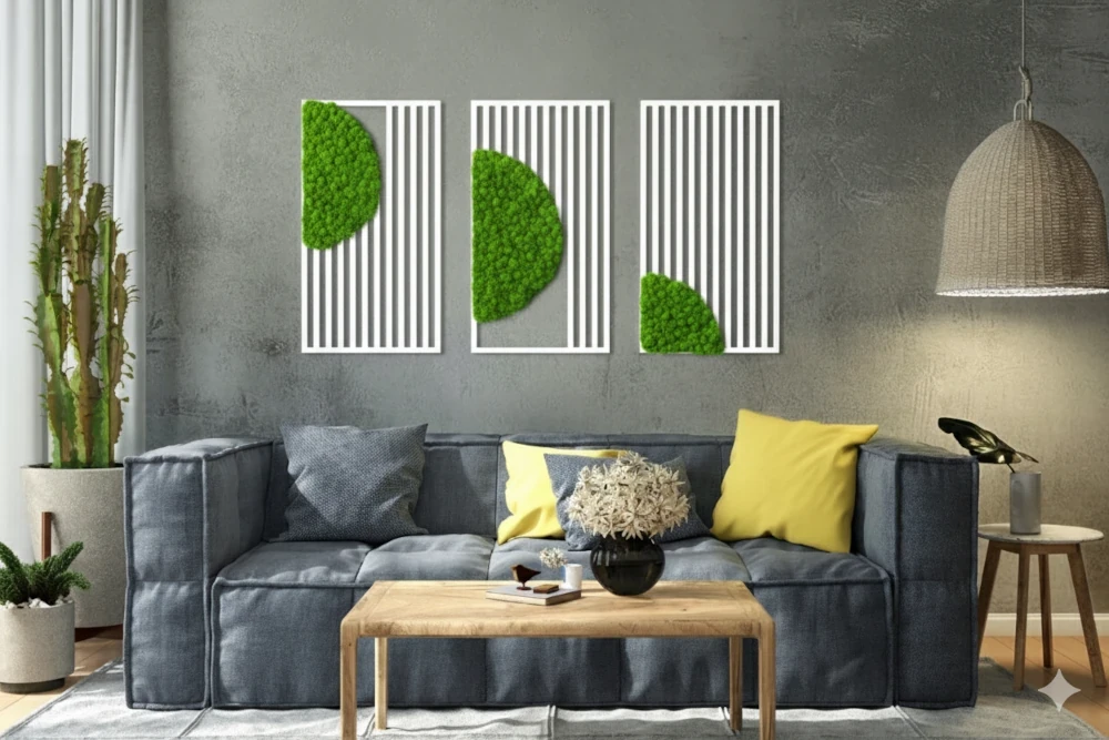 Zestaw 3 Obrazów z Chrobotkiem Reniferowym – Tryptyk Ażurowy do Nowoczesnego Salonu