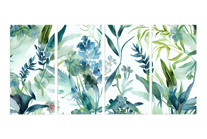 Botaniczna dekoracja ścienna akwarelowe liście w odcieniach błękitu i zieleni, zestaw do sypialni patihome.pl