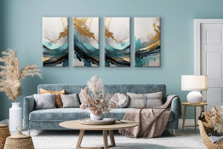 nowoczesna abstrakcja na płótnie turkus i złoto 4-częściowy obraz w ramie mask box patihome.pl