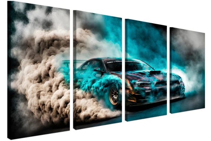 dynamiczny 4-częściowy obraz samochód sportowy drift w dymie styl gamingowy patihome.pl