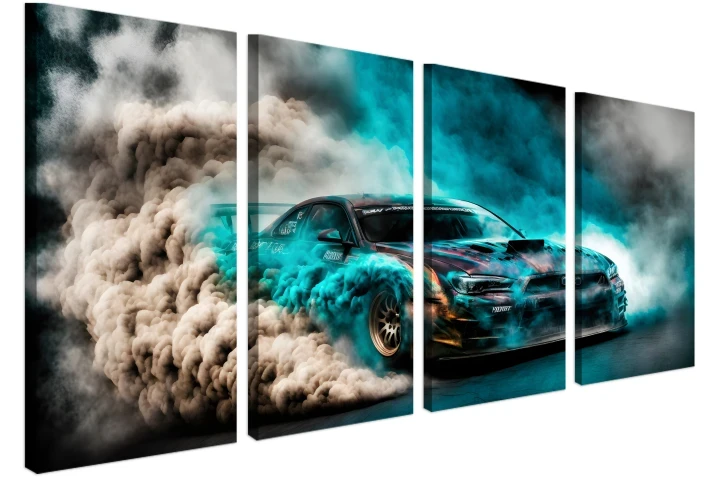 dynamiczny 4-częściowy obraz samochód sportowy drift w dymie styl gamingowy patihome.pl