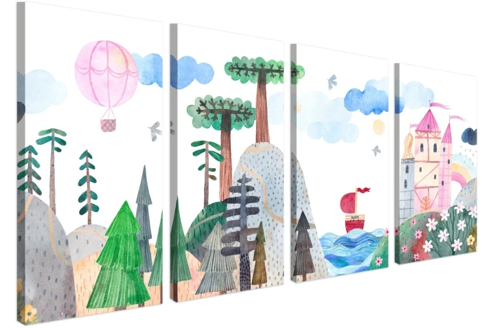 4-częściowy obraz dla dzieci akwarela zamek balon i statek pastelowy patihome.pl