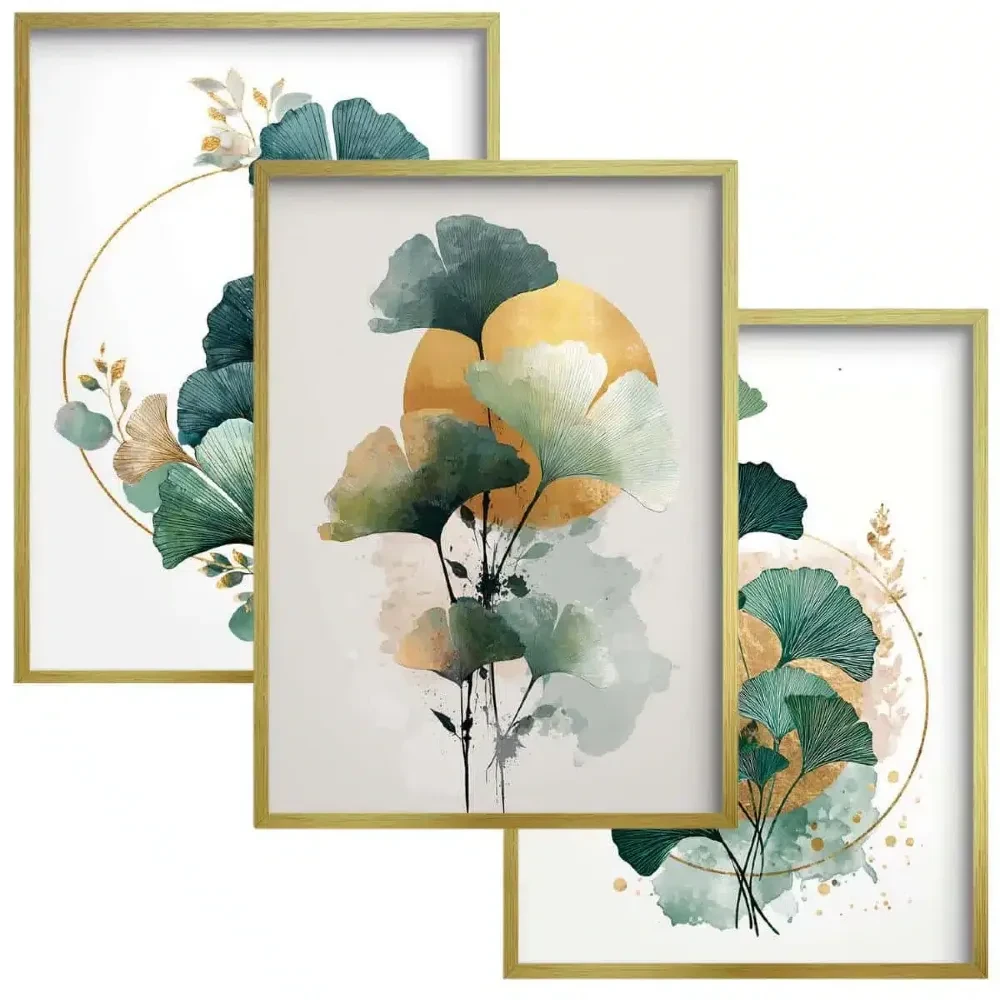 Tryptyk do sypialni liście miłorzębu złoty okrąg