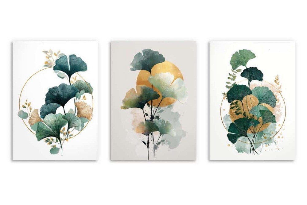 Grafiki ścienne w stylu japandi szałwiowa zieleń