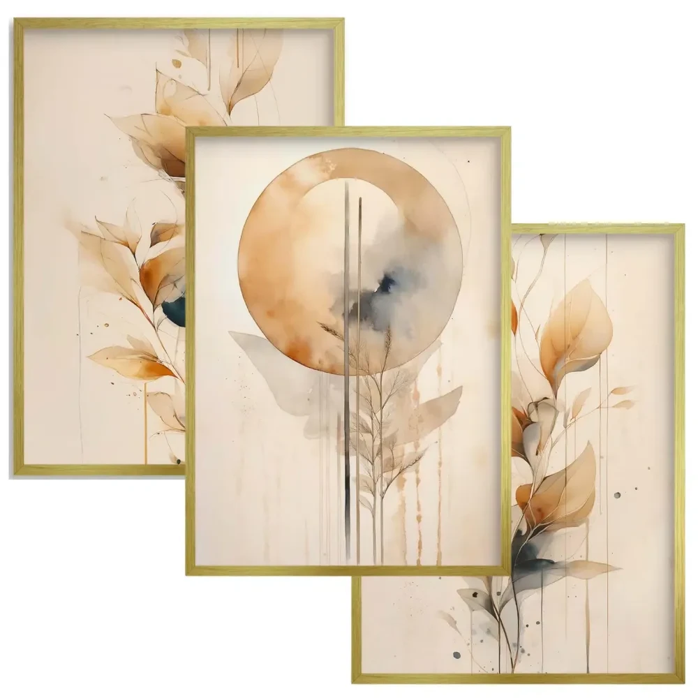 Minimalistyczny tryptyk roślinny w kolorach ziemi