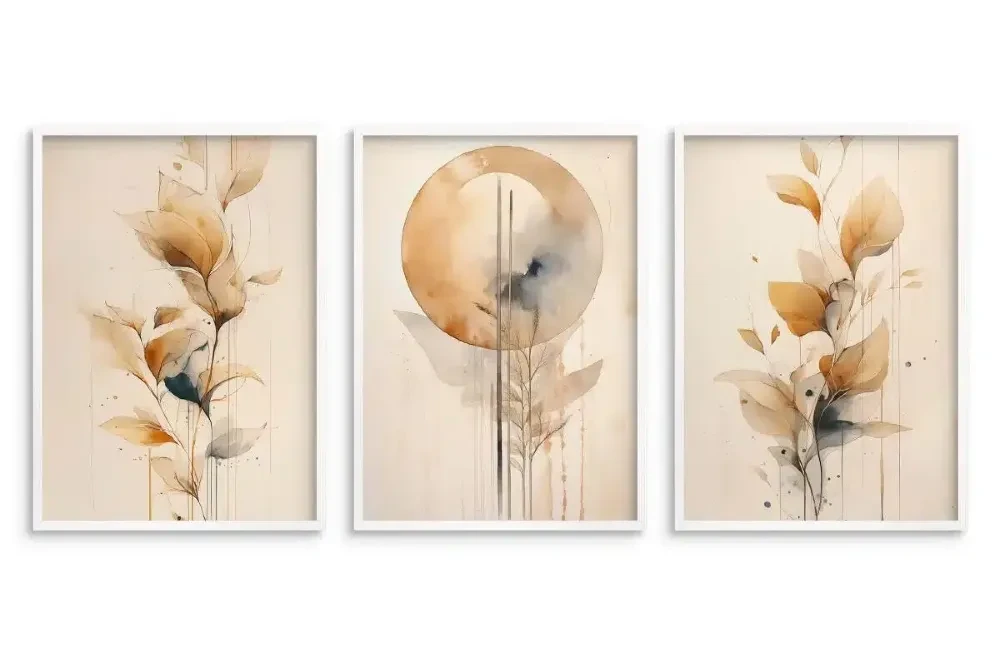 Plakaty akwarelowe beżowe liście słońce minimalizm