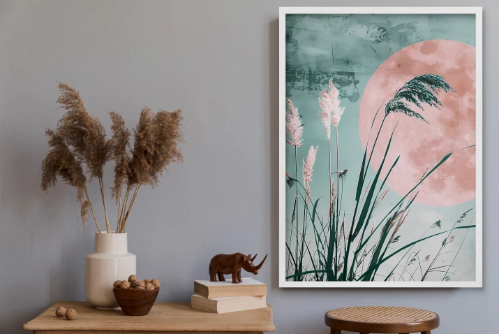 plakat różowy księżyc trawy styl pastelowy