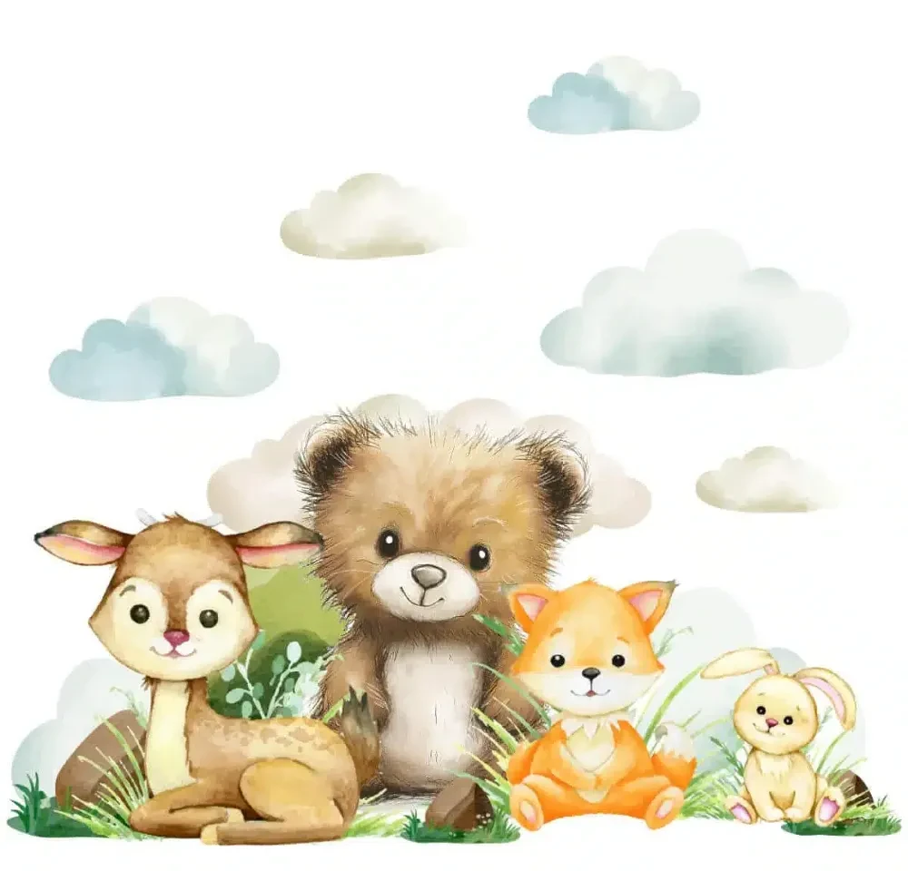 Zestaw naklejek ściennych -  Uroczy niedźwiadek, jelonek, lisek oraz zajączek, otoczeni puszystymi chmurkami.