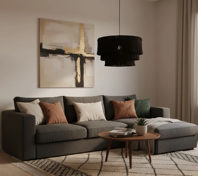 salon z czarną lampą wiszącą