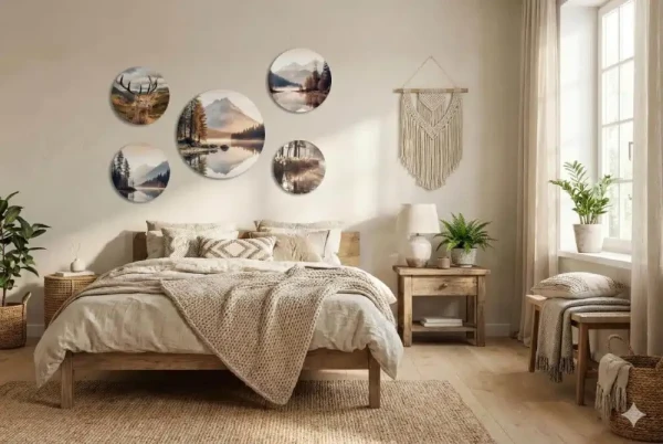 piękna sypialnia boho z obrazami