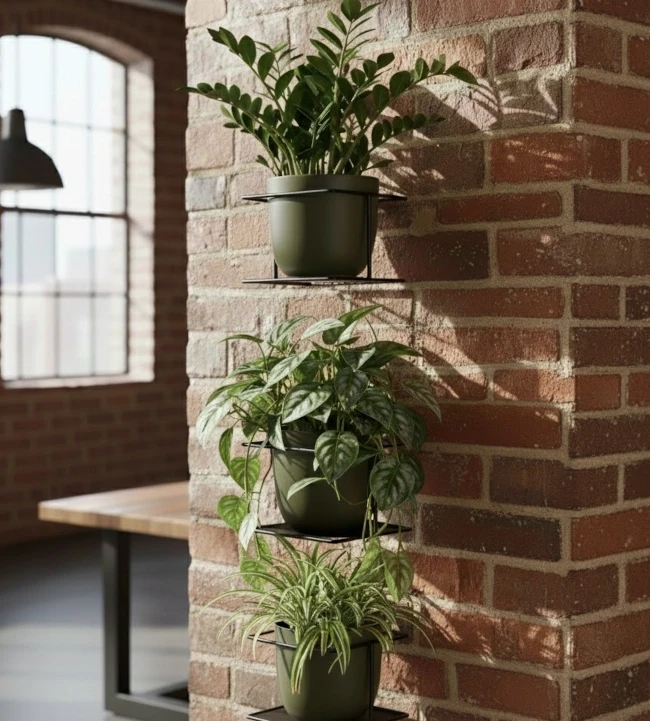 kwietnik czarny loft na ścianę z cegły