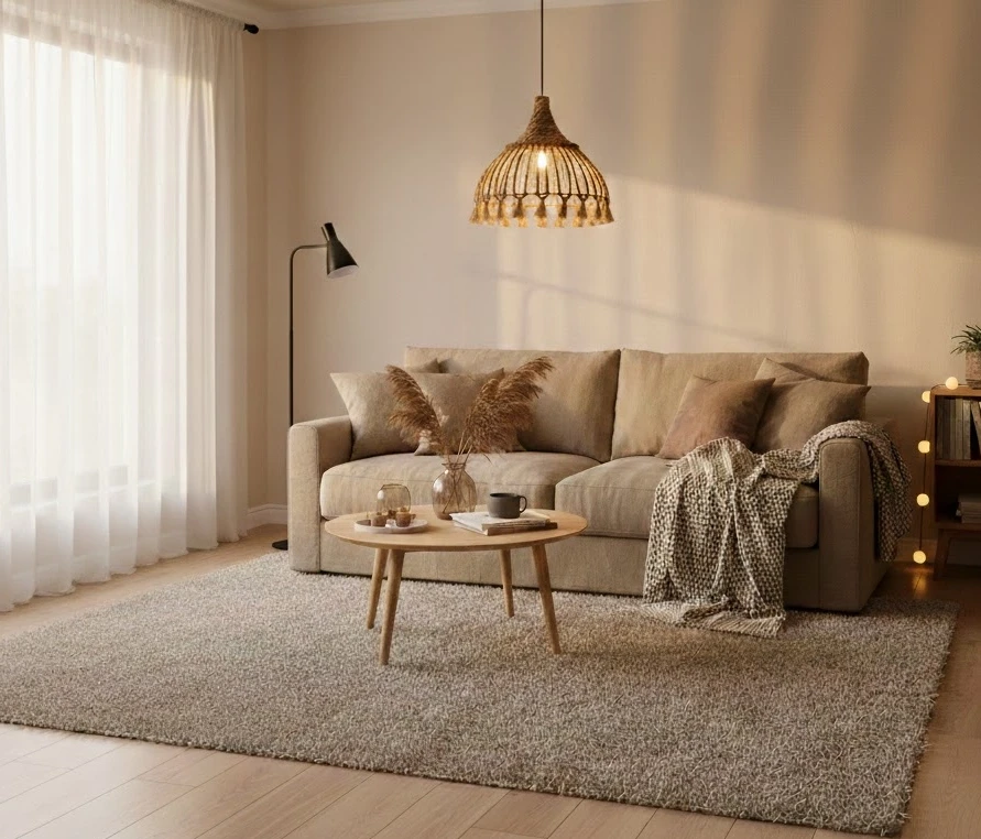 przytulny salon z Ręcznie plecionym abażurem boho