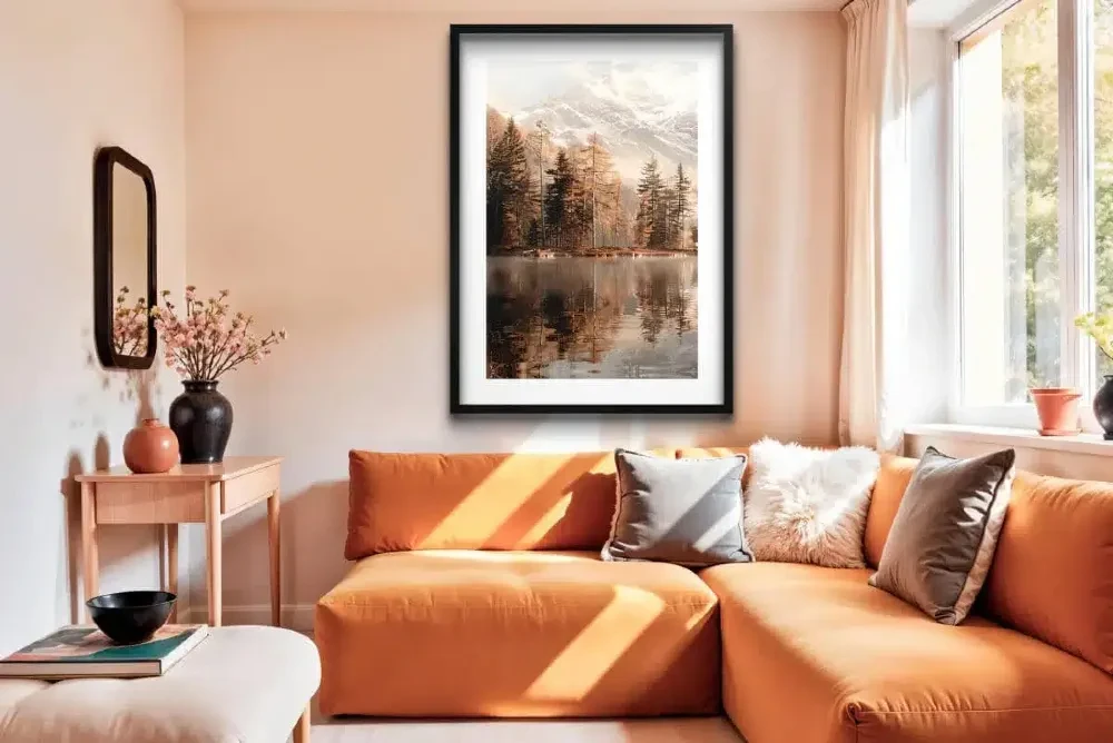 Plakat 70x100 cm góry i jezioro w czarnej aluminiowej ramie aranżacja salonu