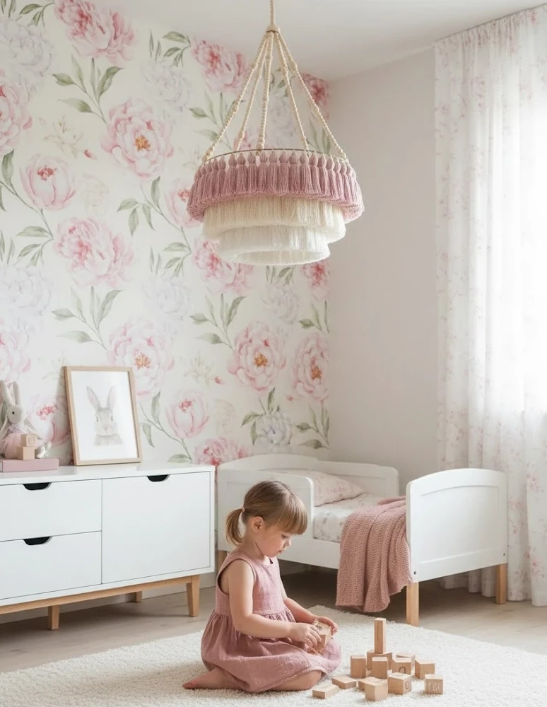 Różowa lampa wisząca z frędzlami w pokoju dziecięcym w stylu boho