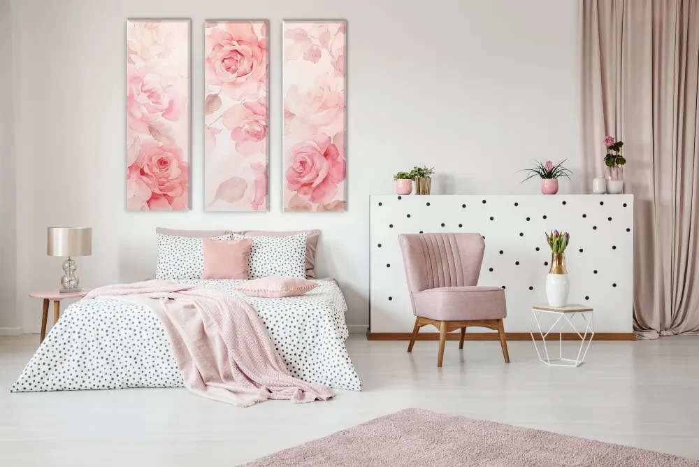 zestaw obrazów tryptyk kwiaty róże do sypialni