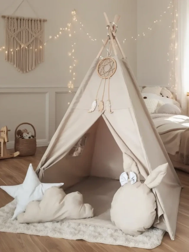 tipi boho z matą i poduszkami do pokoju dziecka
