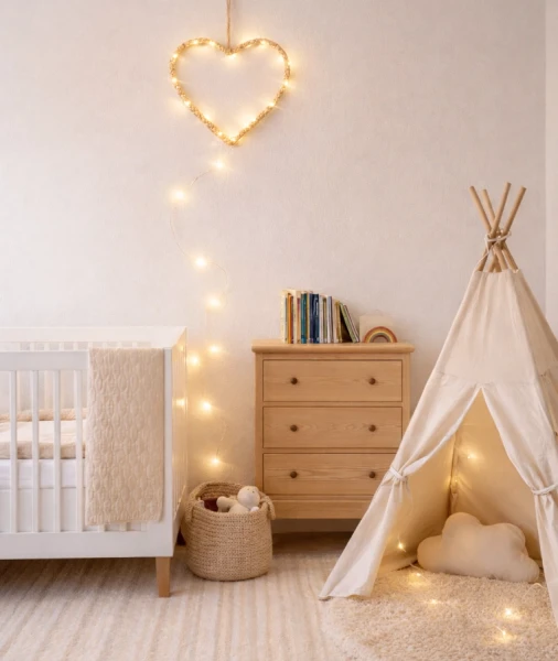 dekoracja boho z lampkami led nad tipi dla dziecka