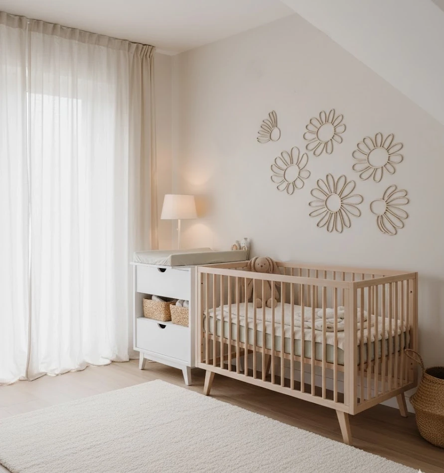 kwiaty drewniane jako dekoracja nad łóżeczko
