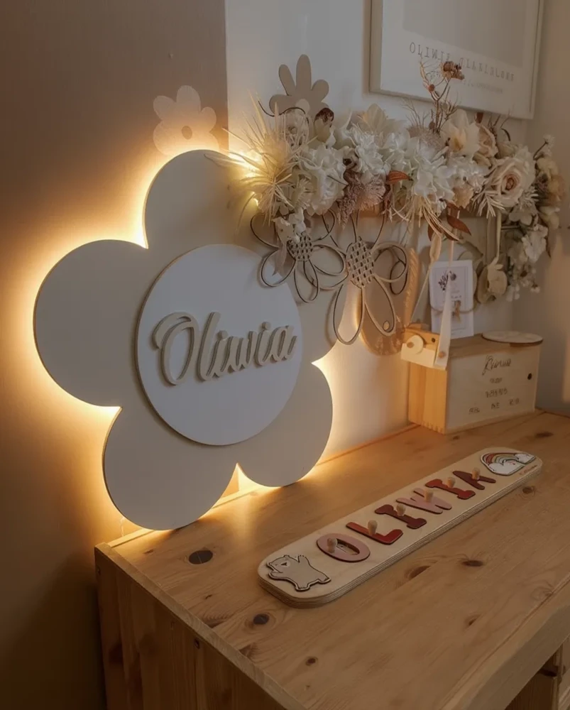 Lampa Imię Dziecka | Drewniany kwiat LED