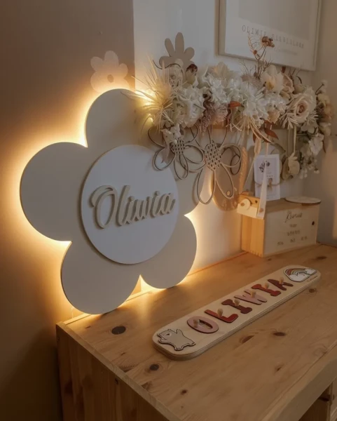 Lampa Imię Dziecka | Drewniany kwiat LED