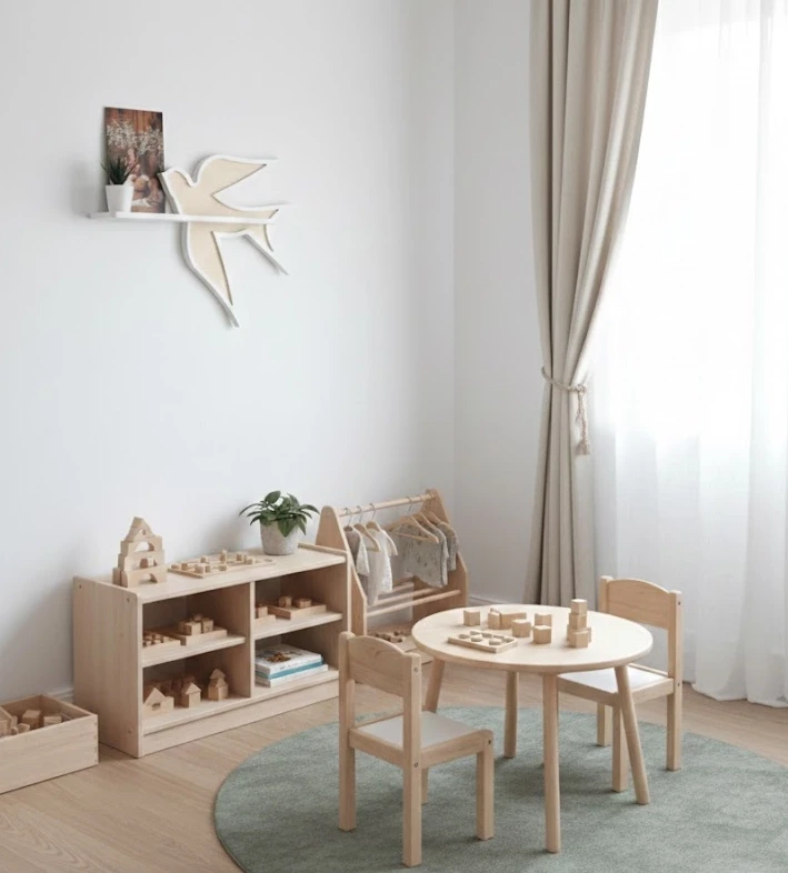 Dekoracyjna  półka ścienna w kształcie jaskółki  - pokój montessori