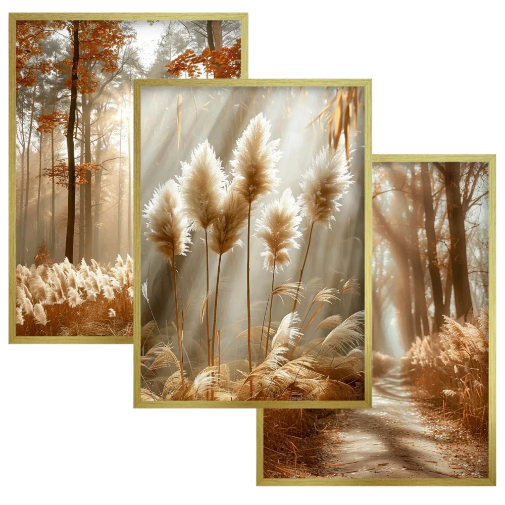 Zestaw 3 plakatów boho trawa pampasowa i jesienny las promienie słońca dekoracja do salonu