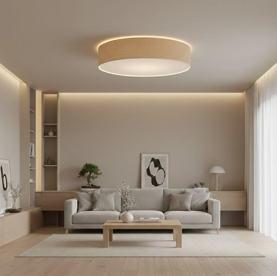 plafon z juty w salonie japandi