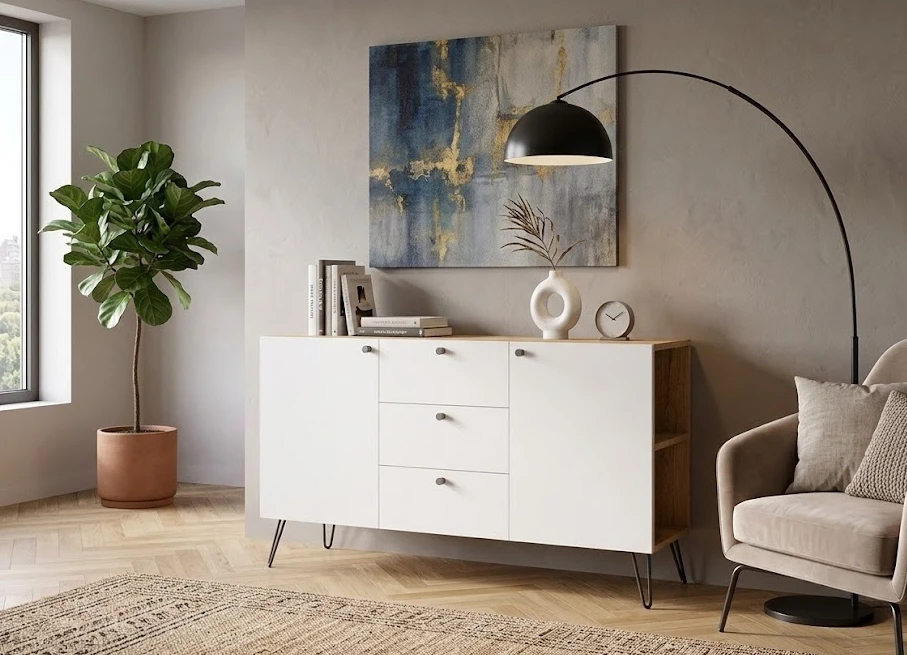 biała komoda szuflady nogi hairpin