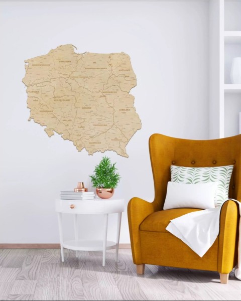 Drewniana mapa Polski z miastami i rzekami kolor naturalny