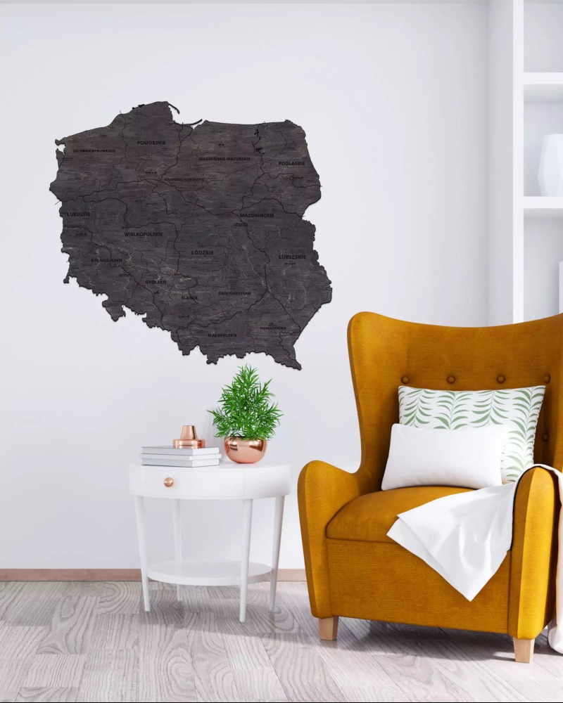 Drewniana mapa Polski z miastami i rzekami kolor heban