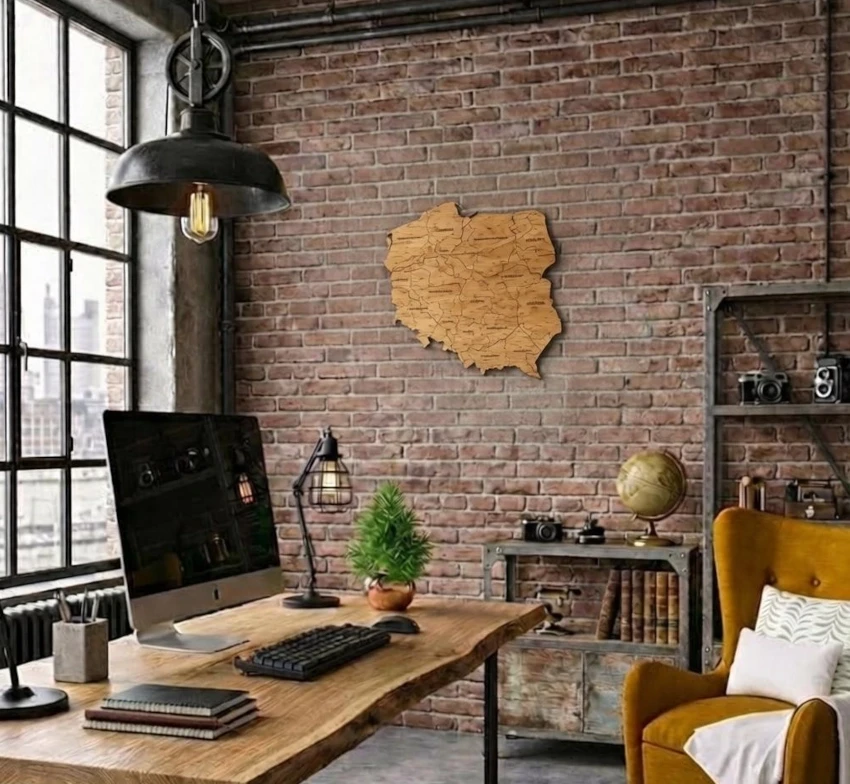 Drewniana mapa Polski do biura  granice, miasta, rzeki, województwa