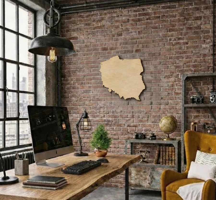 drewniana mapa Polski bez granic do biura