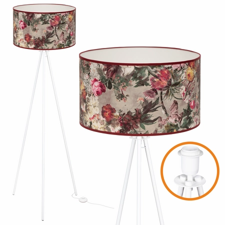 Lampa podłogowa trójnóg z abażurem w malowane piwonie i róże vintage do salonu