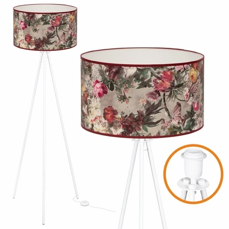 Lampa podłogowa trójnóg z abażurem w malowane piwonie i róże vintage do salonu