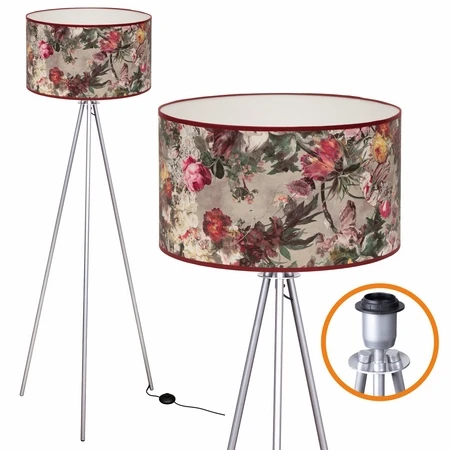 Nowoczesna lampa tripod na srebrnych nogach z kwiatowym abażurem styl glamour