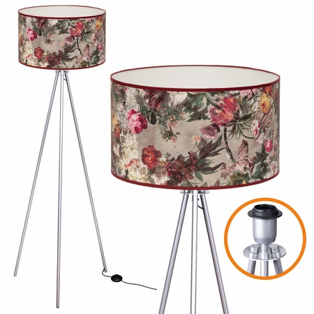 Nowoczesna lampa tripod na srebrnych nogach z kwiatowym abażurem styl glamour