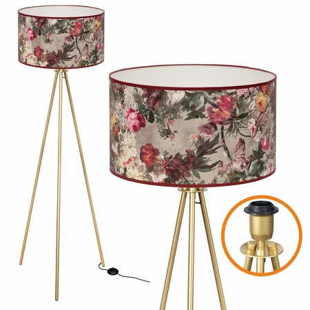 Nowoczesna lampa tripod na złotych nogach z kwiatowym abażurem styl glamour