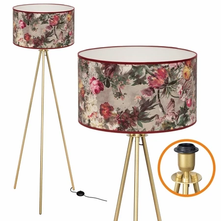 Nowoczesna lampa tripod na złotych nogach z kwiatowym abażurem styl glamour