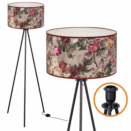 Nowoczesna lampa tripod na czarnych nogach z kwiatowym abażurem
